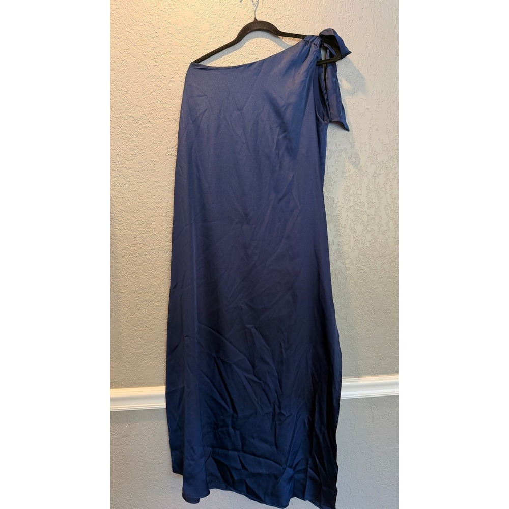 Tyche Navy Blue One Shoulder Tie Satin Maxi Dress Small Gown